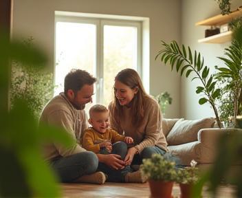 Famille profitant d’un intérieur propre et sain, avec plantes vertes